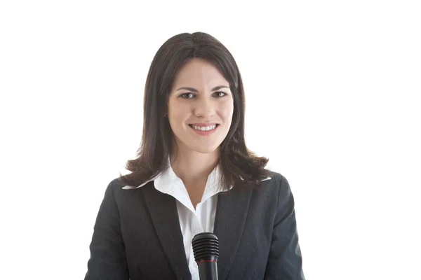 Усміхаючись кавказька жінки, що тримає мікрофона ізольовані білий фонової м — стокове фото