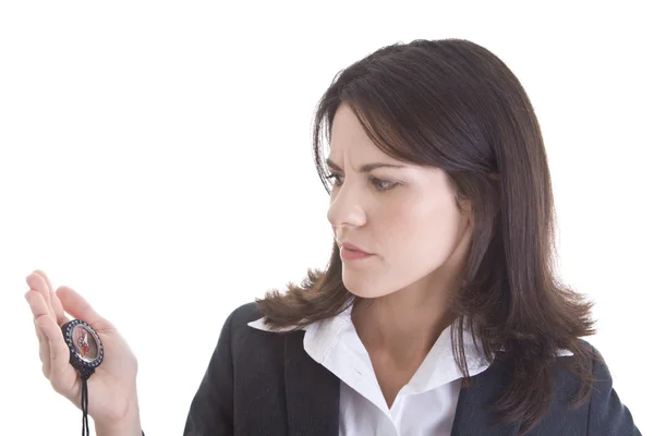 White Woman Looking at Intently at Compass Isolated Background — Stock Photo, Image