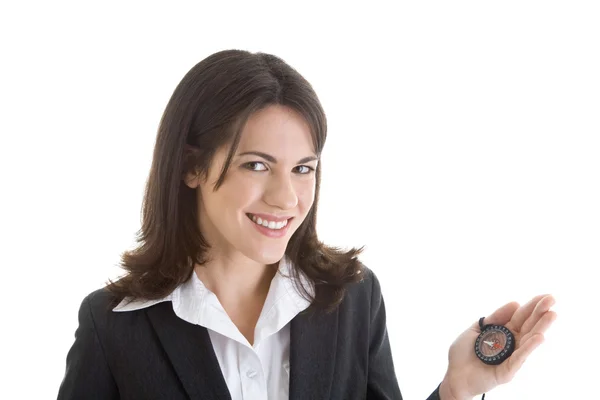 Caucasian Business Woman Holding Compass and Smiling at Camera — Stock Photo, Image