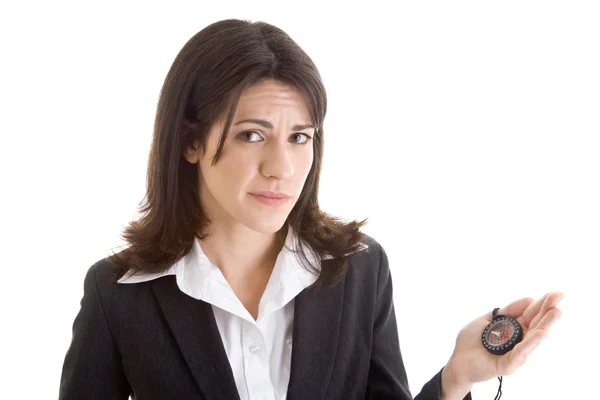 Worried Caucasian Woman Holding Compass Looking At Camera White — Stock Photo, Image