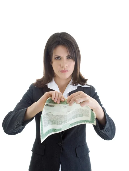 Arrabbiato caucasico donna strappando Stock Certificate isolato su Whit — Foto Stock
