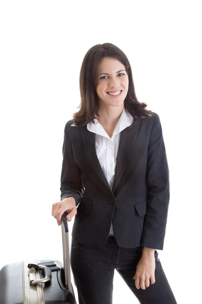 Smiling Caucasian Woman with Suitcase Traveler Isolated White Ba — Stock Photo, Image