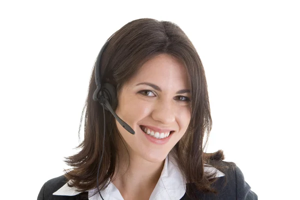 Headshot Smiling Caucasian Woman Headset Microphone Isolated Whi — Stock Photo, Image