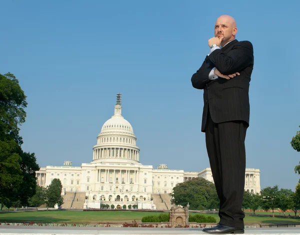 Caucasian Businessman Suit Thinking US Capitol