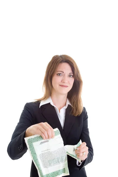 Unhappy Woman Ripping Stock Certificate Isolated — Stock Photo, Image