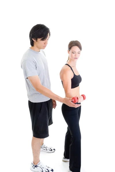 Asian Man Helping Woman Work Out, Isolated White — Stock Photo, Image