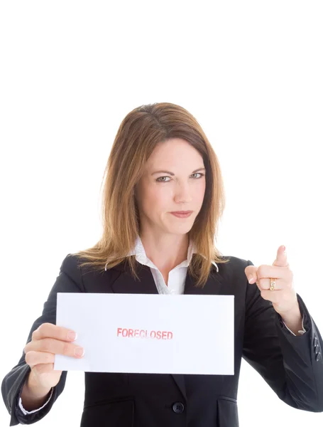 Angry Business Woman Pointing Finger, Foreclosure — Stock Photo, Image