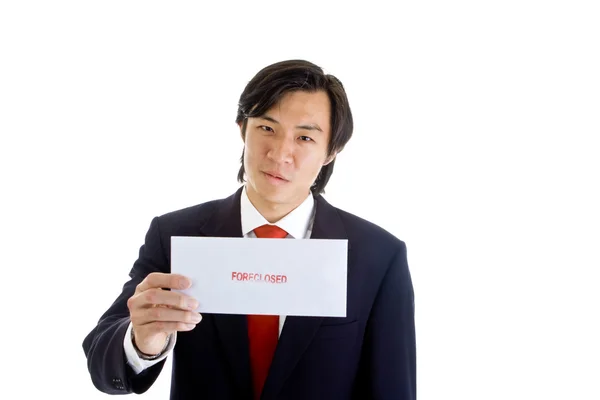 Asian Businessman Foreclosure Notice, Isolated — Stock Photo, Image