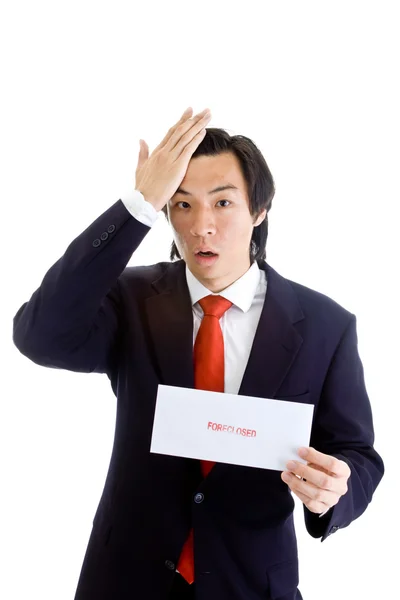 Shocked Asian Man Hand On Head, Foreclosure Notice — Stock Photo, Image