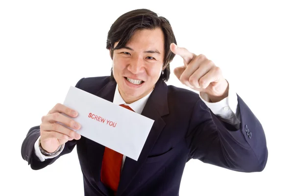 Angry Asian Businessman Pointing Camera, Screw You — Stock Photo, Image