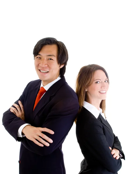 Smiling Asian Business Man Woman Back-to-Back — Stock Photo, Image