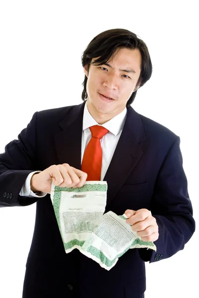 Upset Asian Man Suit Tearing Stock Certificate — Stock Photo, Image
