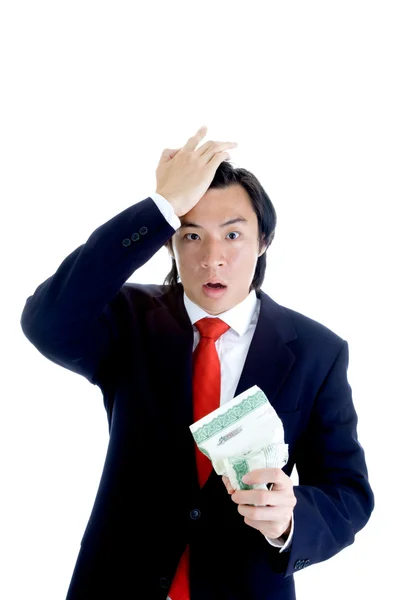 Upset Asian Man Suit Torn Stock Certificate — Stock Photo, Image