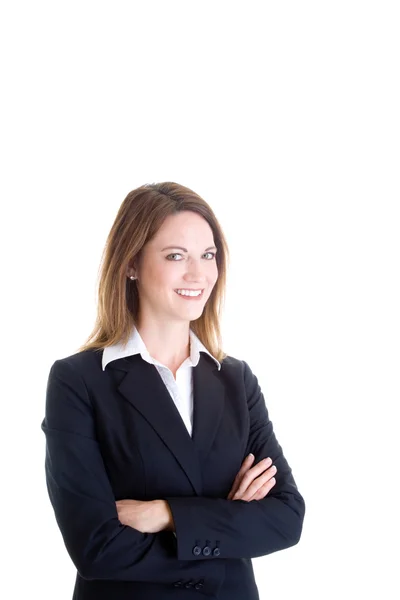 Smiling Confident Caucasian Woman with Arms Crossed Isolated Whi — Stock Photo, Image