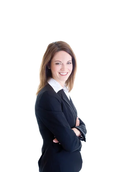 Traje de mujer de negocios caucásica con confianza sonriente, brazos cruzados —  Fotos de Stock