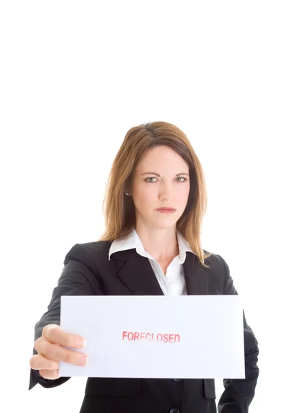 Angry Caucasian Woman Holding Envelope Isolated White Background — Stock Photo, Image
