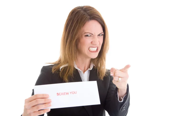 Angery Caucasian Woman Pointing Accusing Finger Holding Envelope — Stock Photo, Image