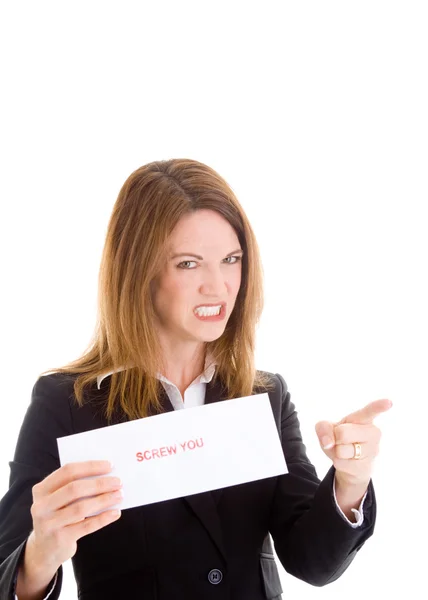 Angry Caucasian Woman Holding Sign Grimacing and Pointing White — Stock Photo, Image