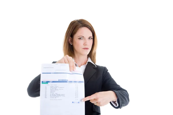 Caucasian Woman Pointing at Past Due Medical Bill White Backgrou — Stock Photo, Image