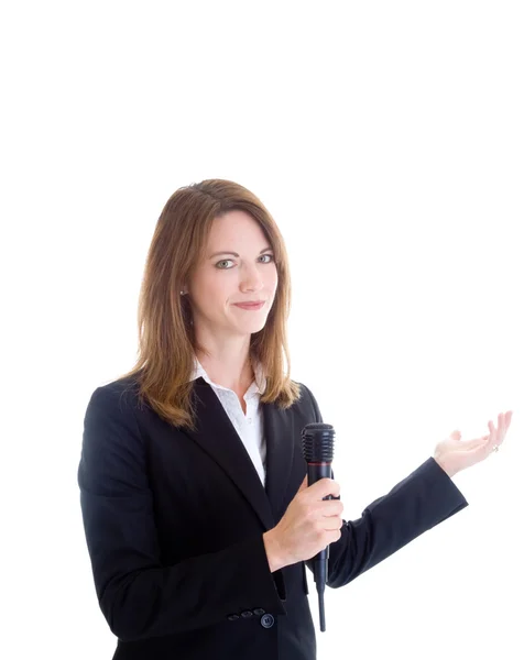 Smiling Caucasian Woman Holding Wireless Microphone Gesturing Wh — Zdjęcie stockowe