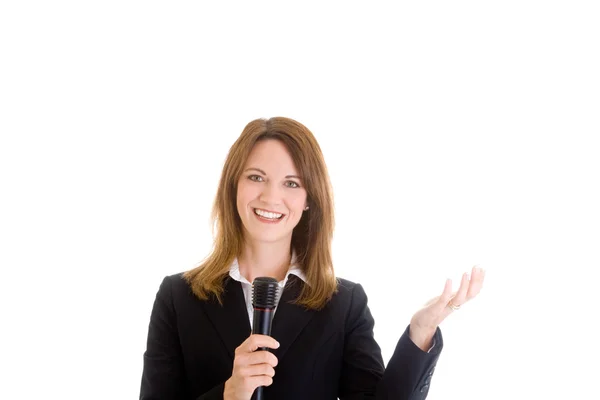 Mujer caucásica feliz sosteniendo micrófono gestos aislado Whit —  Fotos de Stock
