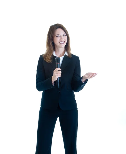 Smiling Caucasian Woman Holding Microphone White Background — Stock Photo, Image