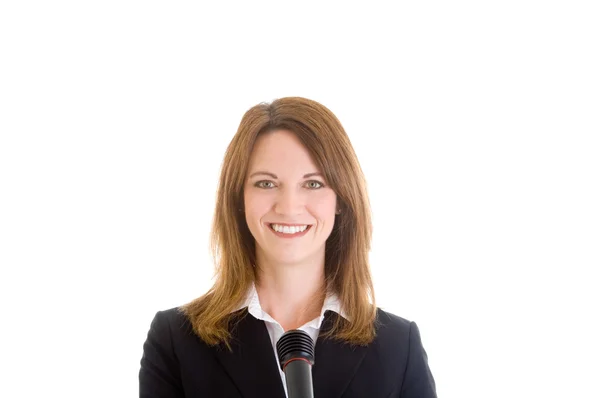 stock image Happy Caucasian Woman Smiling at Camera Holding Microphone