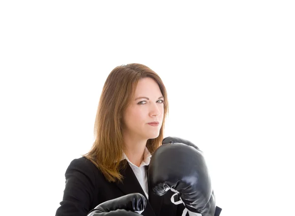 Traje de mujer caucásica y guantes de boxeo Vista lateral aislado — Foto de Stock