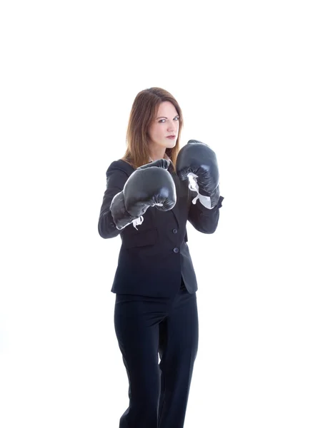 Caucasiano mulher terno luvas de boxe isolado fundo branco — Fotografia de Stock