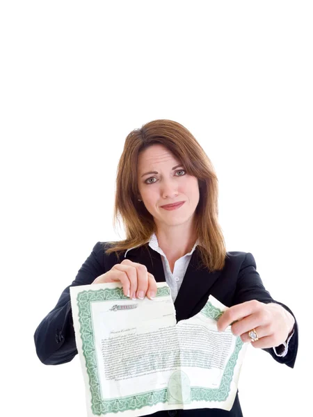 Trieste caucuasan vrouwen scheuren van voorraad certificaat witte pagina — Stockfoto