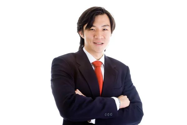 Fiducioso asiatico uomo d'affari braccia attraversato guardando macchina fotografica, Isol — Foto Stock