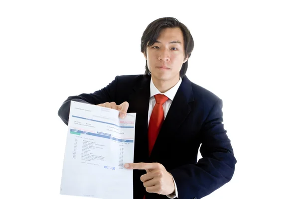 Serious Asian Businessman Pointing to Past Due Medical Bill Isol — Stock Photo, Image