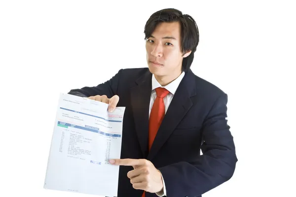Asian Man Pointing Past Due Medical Bill Isolated White Backgrou — Stock Photo, Image