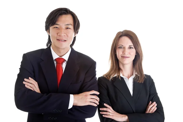 Confident Asian Man Caucasian Woman Business Suits Arms Crossed — Stock Photo, Image