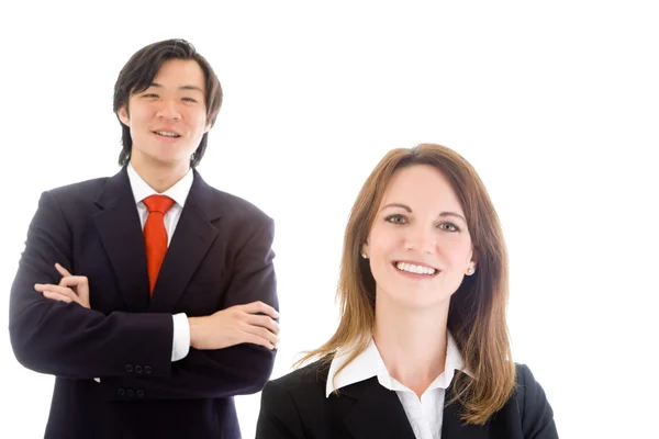 Ler kaukasiska affärskvinna, asiatiska affärsman team, vit — Stockfoto