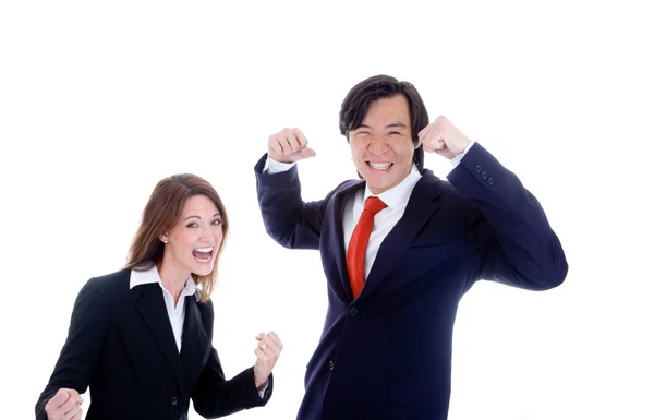 Caucasian Woman Asian Man in Suits Cheering — Stock Photo, Image