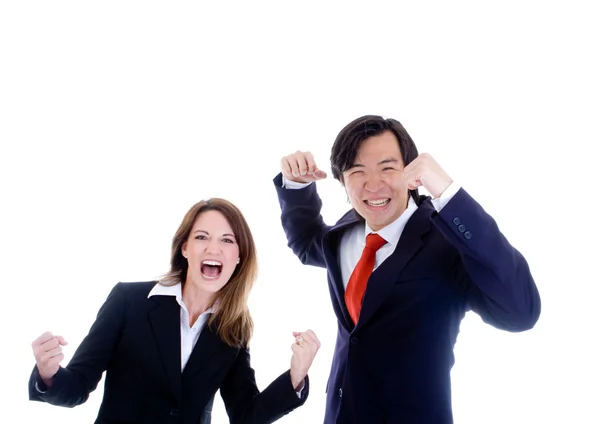 Happy business team, asiatiska man kaukasisk kvinna jublande vit ba — Stockfoto