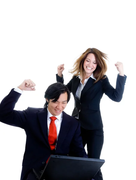 Caucasian Business Woman Jumping, Asian Man Celebrating White Ba — Stock Photo, Image
