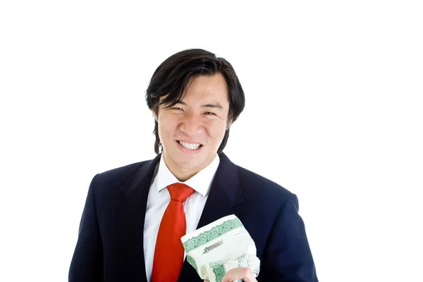 Aziatisch mens grimassen terwijl verpletterende voorraad certificaat witte backg — Stockfoto