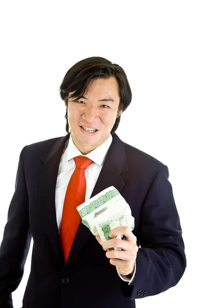 Aziatische man boos over markt verpletterende voorraad certificaat white bac — Stockfoto