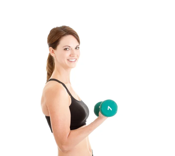 锻炼手重量、 孤立 whi 的白种女人运动文胸 — 图库照片