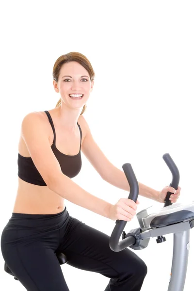 Happy White Woman Riding Exercise Bike Isolated Background — Stock Photo, Image