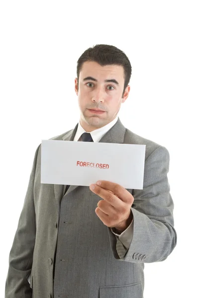 Unhappy Hispanic Man Suit Holding Foreclosure Notice White Backg — Stock Photo, Image