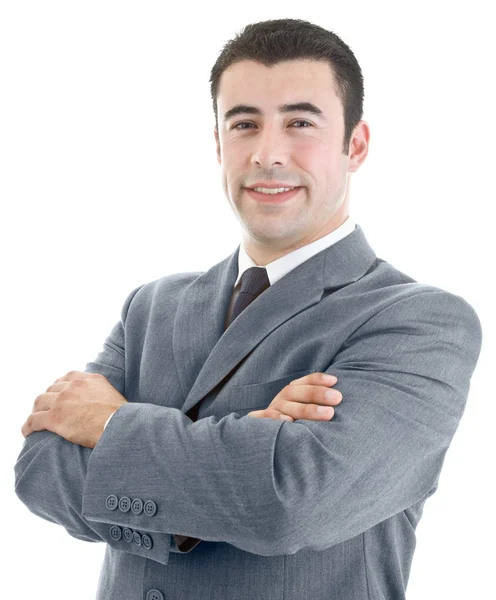 Confident Hispanic Man Crossed Arms on White Background — Stock Photo, Image