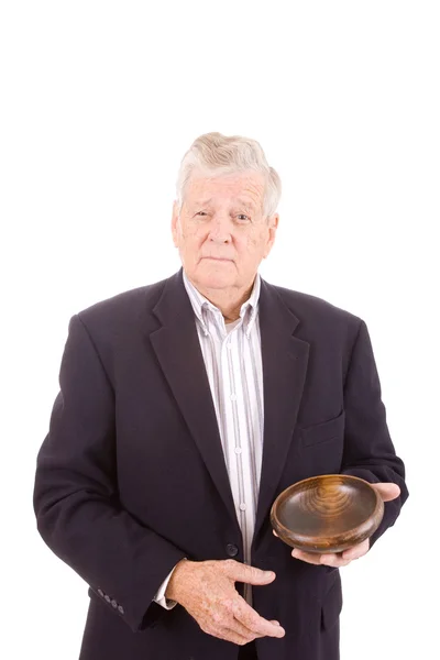 Older Caucasian Man Holding Wooden Bowl, Isolated — Stock Photo, Image