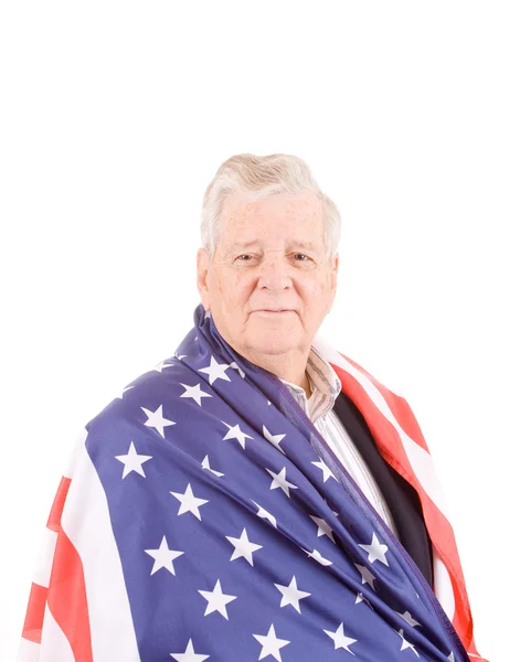 Patriotic Senior Man Wrap American Flag Isolated — Stock Photo, Image