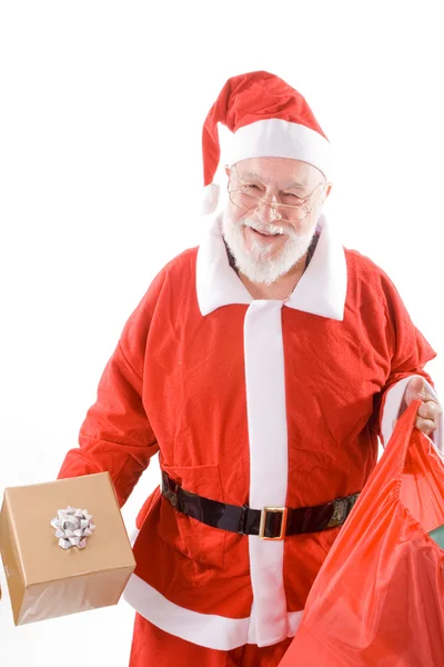 Happy Santa Holding Present and Sack Isolated — Stock Photo, Image