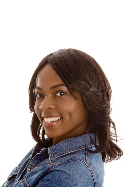 Χαμογελώντας μαύρο αφρικανική αμερικανική γυναίκα απομονωμένη — Φωτογραφία Αρχείου