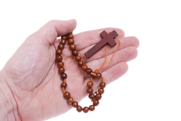 Hand Holding Rosary Cross Isolated White — Stock Photo, Image