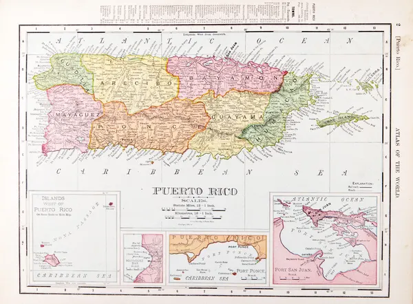 Antike alte farbige Landkarte von Puerto Rico — Stockfoto